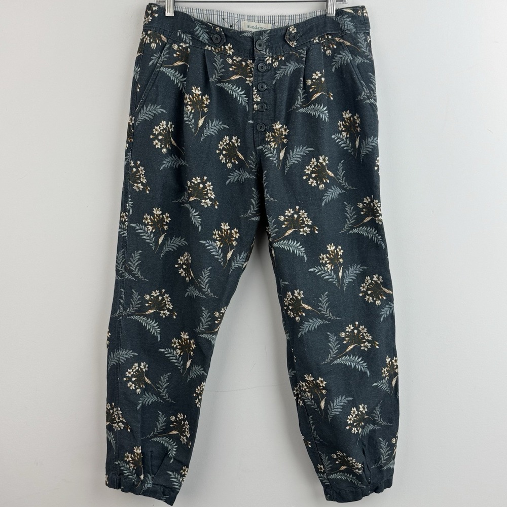 Sundance Linen‎ Blend Jogger Pants Womens 10 Blue Floral Breezy Side Tab Boho